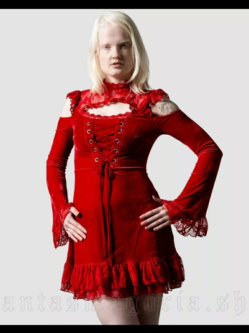Killstar Red Velvet Lace-Up Cold-Shoulder Mini Dress